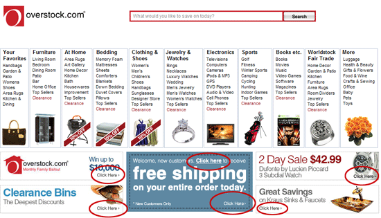 Overstock.com home page calls to action